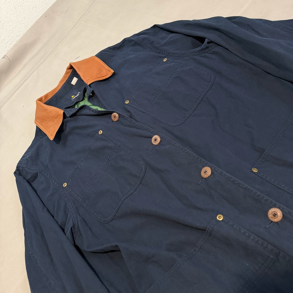 VTG 90s‎  Navy Barn Field Jacket Chore Leather Trim Collar Y2K Women-M-6130 - Picture 3 of 10